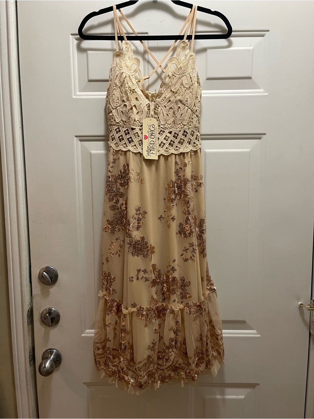 Boho Lace-Detail Spaghetti Strap Midi Dress - Beige by Southern Fried Chics.